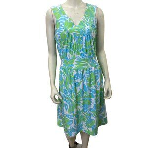 The Paragon Sleeveless Green & Blue Leaf Print Summer Dress‎ With V-Neckline  L